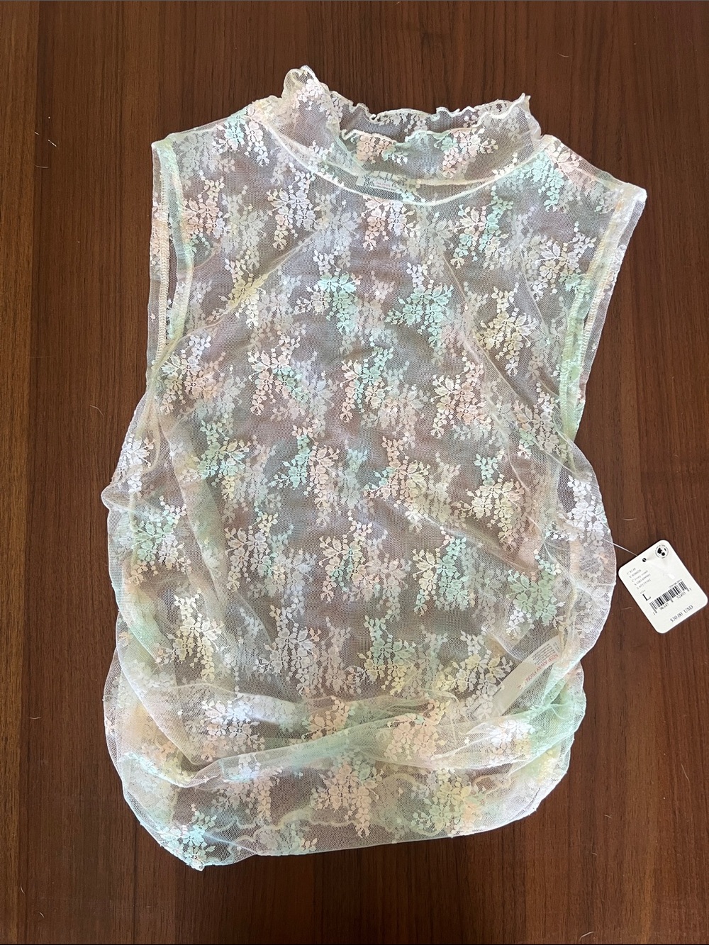 Free People Sheer Floral Lace Mock Neck Cami - Mint/White